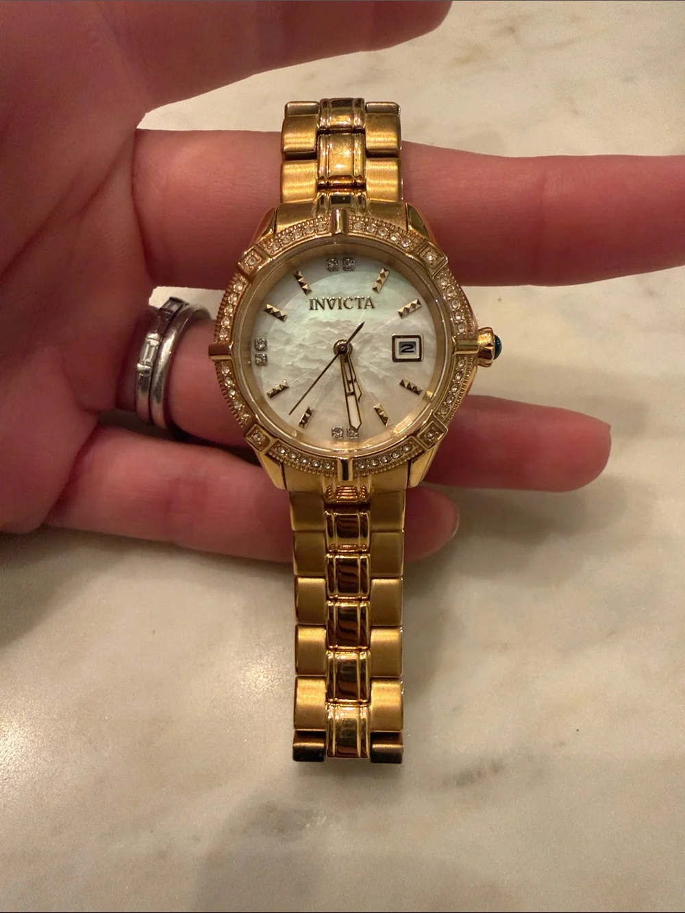Invicta Gold Tone Ladies Watch with White Mother-of-Pearl Dial